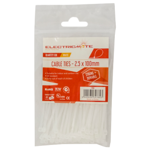 Electricmate White Cable Ties 2.5mm x 100mm, Pack of 100