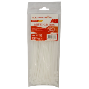 Electricmate White Cable Ties 3.5mm x 150mm, Pack of 100