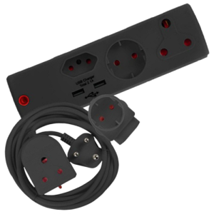 Electricmate Black Combo Pack with 3 meter Lead, USB Adapter and Schuko