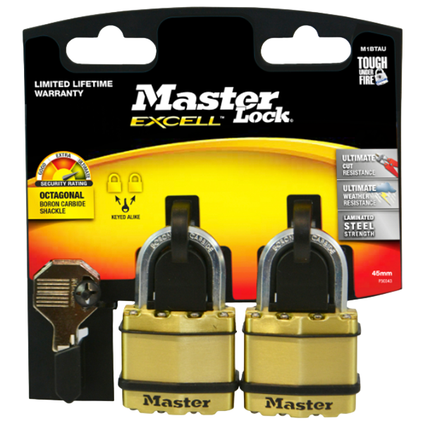 Master Lock Excell Brass Laminated Cover Octagonal Keyed Alike Padlock 45mm, Pack of 2 M1BEURT